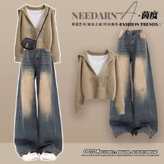 批发秋季套装女2025新款洋气针织毛衣打底<b class='q'>背心</b>设计感高腰牛仔裤三件套
