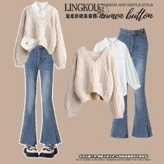 批发大码女秋装牛仔套装胖mm<b class='q'>街头</b>风显瘦遮肉白色毛衣衬衫微喇裤三件套