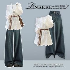 批发秋季一整套韩系穿搭女不规则针织罩衫搭配<b class='q'>街头</b>风复古牛仔裤两件套