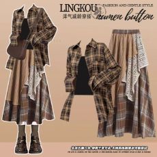 批发2025初秋辣妹套装裙女复古格子衬衫吊带高腰显瘦复古半身裙三件套