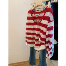 批发红色条纹宽松防晒针织衫长袖t恤女<b class='q'>夏</b>薄款罩衫露背上衣设计感小众