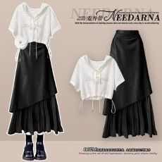 批发<b class='q'>夏</b>季韩系一整套通勤穿搭日常别致短袖上衣搭配不规则半身裙两件套