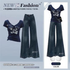 批发辣妹显瘦紧身设计感字母抽褶短袖t恤打底上衣<b class='q'>夏</b>季牛仔宽松阔腿裤