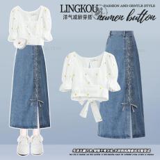 批发<b class='q'>夏</b>季穿搭一整套女新款法式清新衬衫搭高腰系带牛仔半身裙两件套