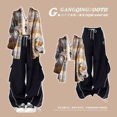 批发秋季新款原宿风穿搭韩版衬衫白色吊带搭配<b class='q'>街头</b>风黑色工装裤三件套