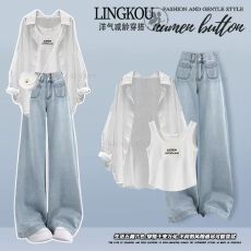 批发大码轻熟风套装女<b class='q'>夏</b>减龄防晒衬衫吊带背心搭显瘦复古牛仔裤三件套