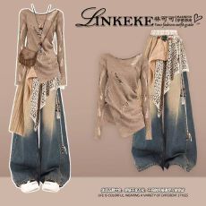 批发早秋一整套辣妹风穿搭<b class='q'>街头</b>风时尚上衣搭配拼接披帘复古牛仔裤套装