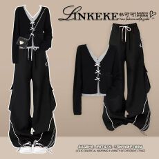 批发秋季一整套<b class='q'>街头</b>风穿搭女法式气质针织衫上衣搭配酷炫工装裤两件套