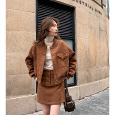 批发秋季美拉德套装女新款复古时尚翻领夹克外套搭复古高腰短<b class='q'>裙</b>两件套