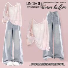 批发<b class='q'>夏</b>季新款轻熟风穿搭韩系温柔大方上衣吊带搭配复古时髦牛仔裤套装