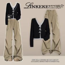 批发秋季一整套<b class='q'>街头</b>风穿搭女法式气质针织衫上衣搭配酷炫工装裤两件套