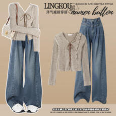 批发大码<b class='q'>春</b>季气质套装女法式温柔针织衫绝美小衫高腰显瘦牛仔裤两件套