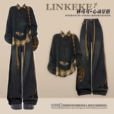 批发2025<b class='q'>秋</b>季新款一整套街头风穿搭女假两件上衣搭配复古牛仔裤两件套