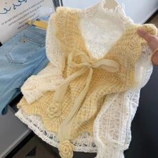 批发韩系<b class='q'>甜美</b>蝴蝶结针织背心蕾丝打底衫两件套女秋冬温柔叠穿长袖上衣