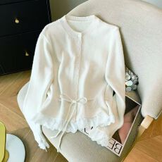 批发设计感蕾丝拼接毛衣外套女2025秋冬新款抽绳收腰清新<b class='q'>甜美</b>针织开衫