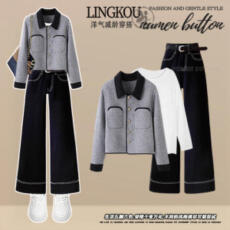 批发<b class='q'>大码</b>秋季轻熟风套装女减龄高级感小香风打底上衣显瘦牛仔裤三件套