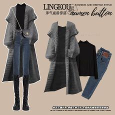 批发<b class='q'>大码</b>秋冬职业套装女高级针织毛衣开衫打底衫高腰显瘦牛仔裤三件套