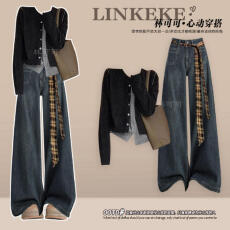 批发假两件气质感上衣搭男友风水洗显瘦高腰阔腿裤2025年秋冬季女套装