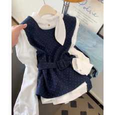 批发温柔风复古<b class='q'>波点</b>马甲假两件长袖<b class='q'>衬衫</b>女秋大码遮肉收腰显瘦百搭上衣