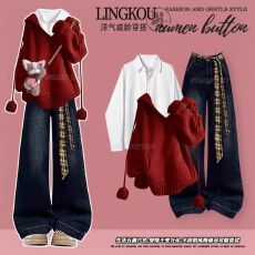 批发秋冬季套装女2025新款韩系减龄针织毛衣内搭<b class='q'>衬衫</b>复古牛仔裤三件套