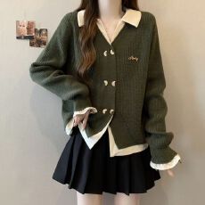 批发大码女装遮肚子POLO领韩系假两件针织衫秋<b class='q'>冬</b>胖mm宽松显瘦毛衣外套