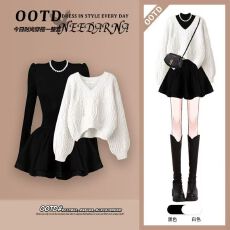 批发秋<b class='q'>冬</b>穿搭一整套女2025新款韩版简约百搭V领毛衣显瘦连衣裙两件套