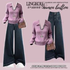 批发秋<b class='q'>冬</b>穿搭一整套女2025新款休闲宽松百搭针织衫配显瘦牛仔裤两件套