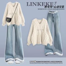 批发轻熟风秋<b class='q'>冬</b>季新款一整套温柔甜美毛衣搭配设计感蕾丝牛仔裤两件套