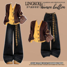 批发大码秋<b class='q'>冬</b>休闲套装女复古高级感撞色针织衫搭高腰显瘦牛仔裤两件套