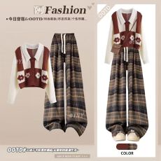 批发2025新款独特绝美撞色假两件针织开衫女<b class='q'>冬</b>季格纹休闲阔腿长裤套装