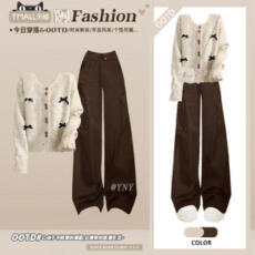 批发2025冬季胖妹妹减龄蝴蝶结圆领<b class='q'>针织</b><b class='q'>开衫</b><b class='q'>女</b>大码宽松咖色工装裤套装