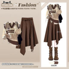 批发秋<b class='q'>冬</b>季复古不规则半身裙套装女学院风减龄撞色针织马甲衬衫三件套