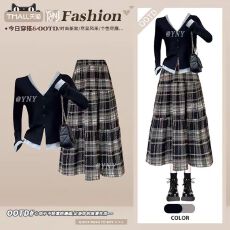 批发黑色假两件V领长袖T恤<b class='q'>冬</b>季打底针织衫毛呢格子半身裙女a字蛋糕裙