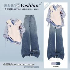 批发蓝色蝴蝶拼色毛衣<b class='q'>背心</b>针织秋季绑带宽松衬衫镶钻渐变<b class='q'>牛仔</b>裤套装女