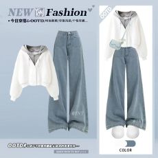 批发秋<b class='q'>冬</b>卫衣套装女2025秋装新款少女休闲假两件连帽卫衣牛仔裤两件套