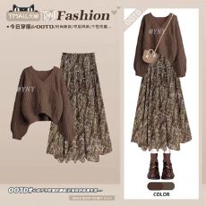 批发韩系温柔风短款麻花毛衣女装2025秋<b class='q'>冬</b>季新款时尚碎花半身裙两件套