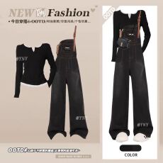 批发秋季新款温柔风气质假两件针织衫女高腰显瘦阔腿牛仔<b class='q'>背带裤</b>两件套