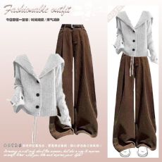 批发秋<b class='q'>冬</b>美拉德休闲套装女软糯针织毛衣开衫搭高级感阔腿牛仔裤两件套