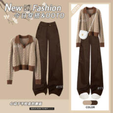 批发2025秋<b class='q'>冬</b>美拉德套装女高级感镂空针织衫毛衣复古显瘦工装裤两件套