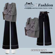 批发日系复古慵懒风灰色毛衣女秋<b class='q'>冬</b>圆领宽松针织衫搭显瘦牛仔裤两件套