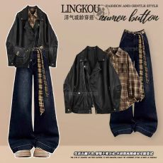 批发大码秋季减龄套装女复古皮<b class='q'>衣外套</b>格子衬衫搭高腰显瘦牛仔裤三件套