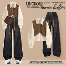 批发大码秋季复古套装女气质拼接<b class='q'>假两件</b>上衣高腰显瘦阔腿牛仔裤两件套