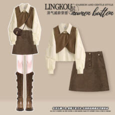 批发大码秋季法式套装女设计感减龄<b class='q'>假两件</b><b class='q'>衬衫</b>搭配复古显瘦短裙两件套