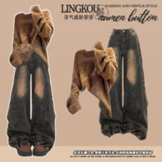 批发<b class='q'>大码</b>秋季川西旅游套装女美拉德复古针织毛衣高腰显瘦牛仔裤两件套