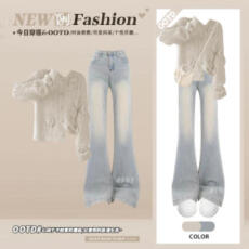 批发秋<b class='q'>冬</b>季通勤两件套穿搭小众别致镂空针织开衫女显瘦微喇牛仔裤套装