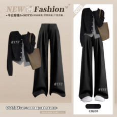 批发早秋新款复古慵懒风两件套穿搭假两件针织衫女高腰气质阔腿<b class='q'>西装</b>裤