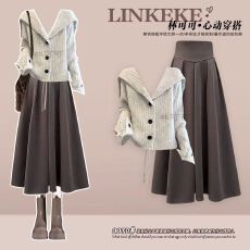 批发秋<b class='q'>冬</b>季通勤风套装女翻领软糯针织毛衣搭黑色高级气质半身裙两件套