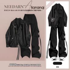 批发秋<b class='q'>冬</b>穿搭一整套女2025新款宽松休闲皮衣背心显瘦减龄工装裤三件套