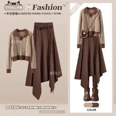 批发今年流行的复古穿搭套装女装爆款<b class='q'>毛衣</b>搭配游牧风a字半身裙两件套