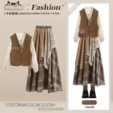 批发秋季文艺风穿搭套装女洋气复古减龄<b class='q'>雪纺</b><b class='q'>衫</b>马甲搭配拼接格纹半身裙